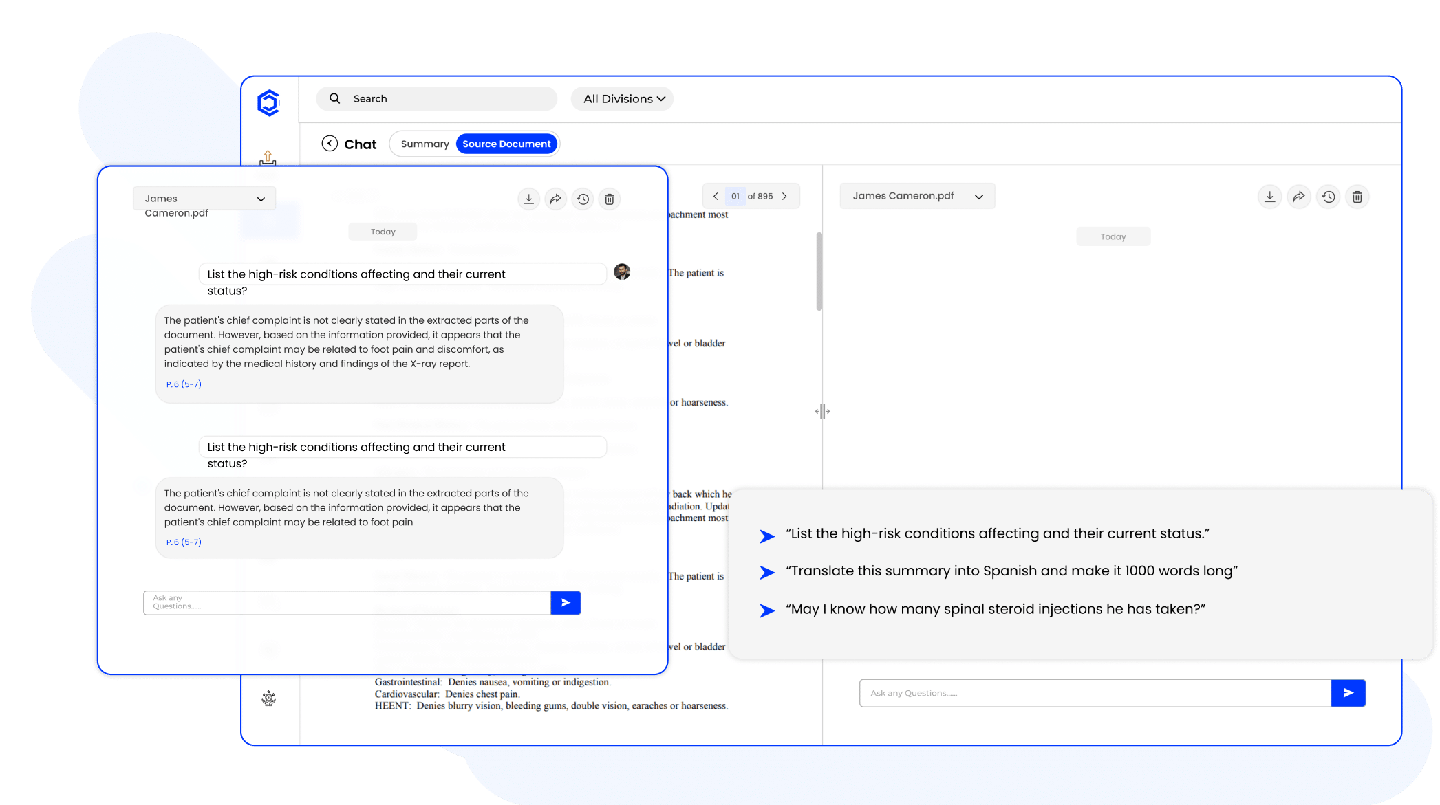 CaseDrive AI assistant interface answering medical-legal queries from source documents in real time