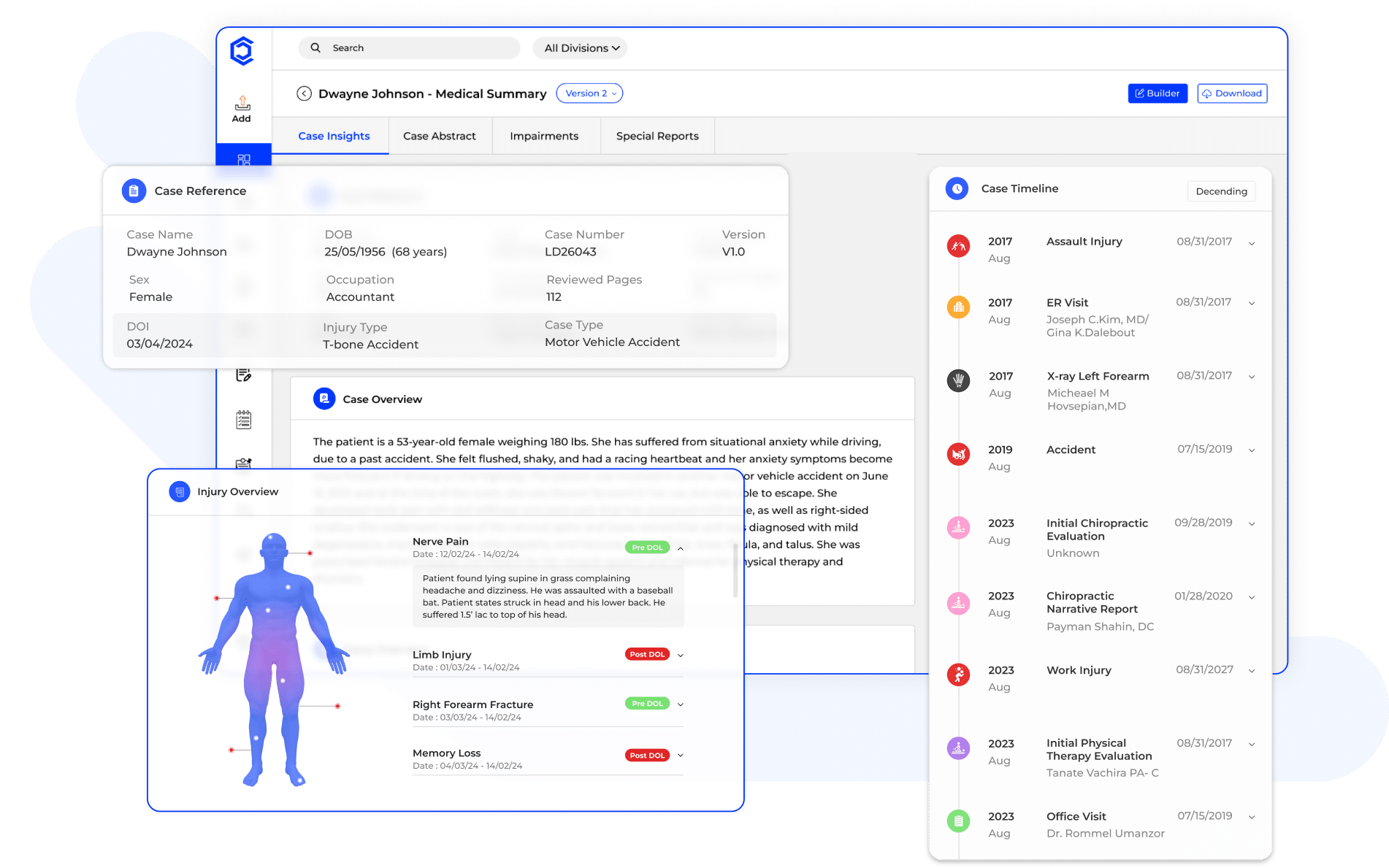 Detailed medical summary view in CaseDrive with case overview, injury insights, and timeline of events