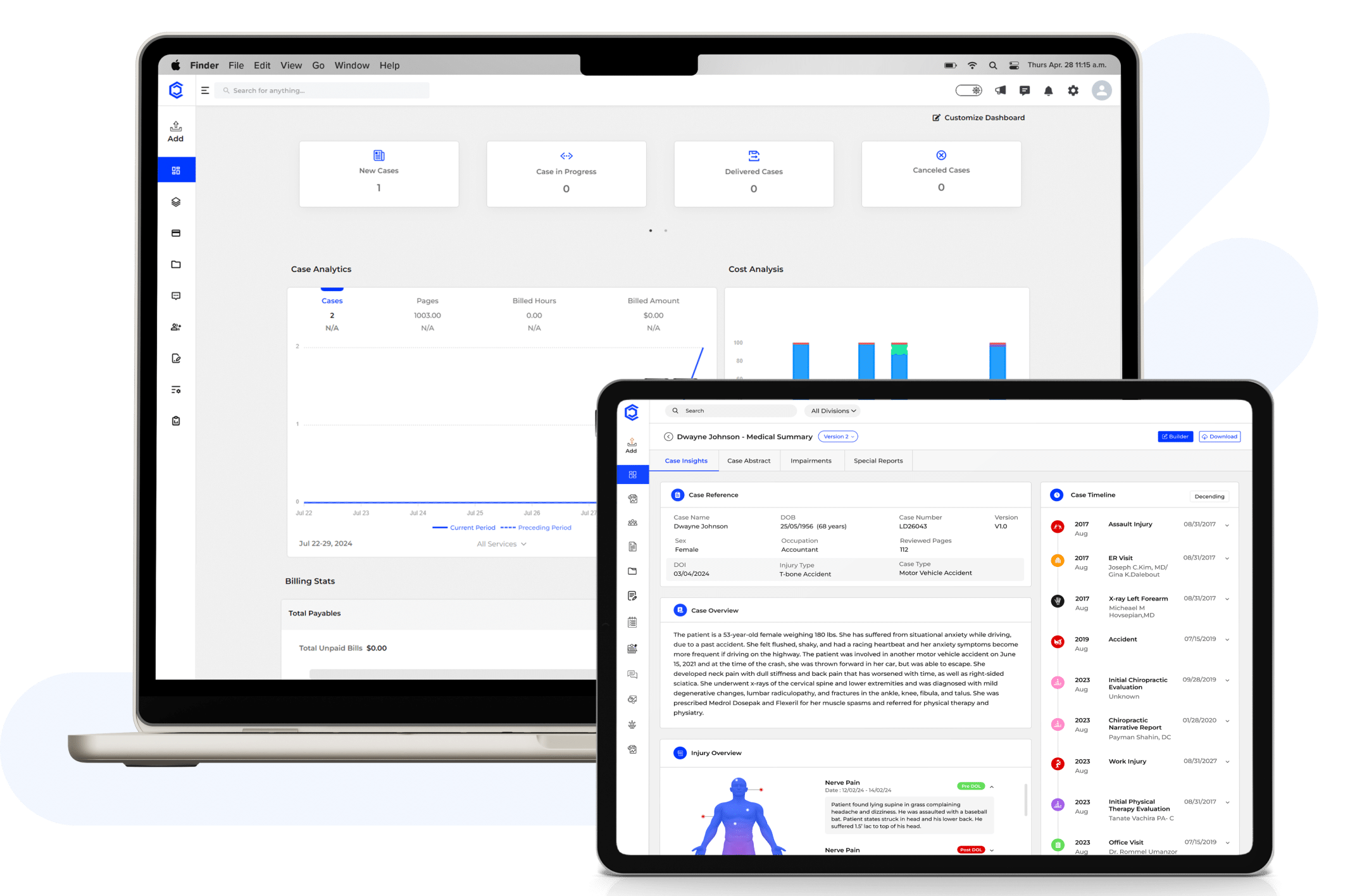 CaseDrive dashboard on laptop and tablet showing case analytics and medical summary interface
