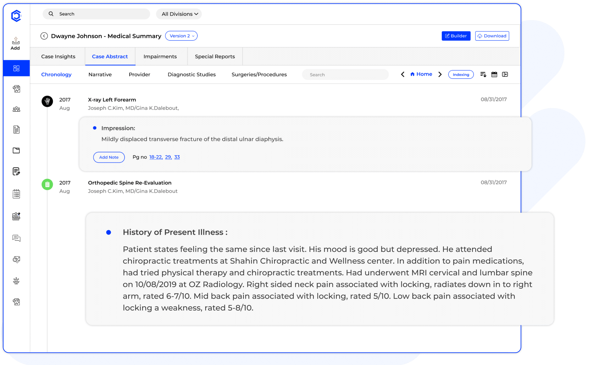 CaseDrive abstract view displaying chronological medical records, diagnostics, and clinical notes