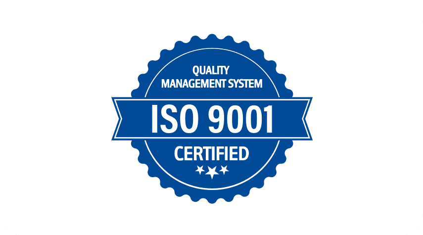 ISO 9001 certified badge for quality management system compliance and process improvement